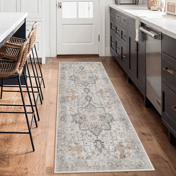 Runner Rugs for Hallway, 2x6 Washable Soft Non Slip Floor Rugs for Kitchen, Modern Mat for Living Room Bedroom Entryway Gray & white
