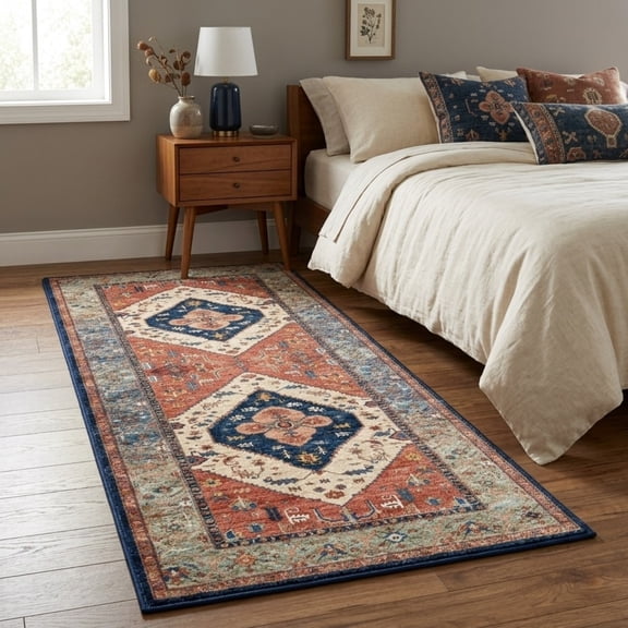 Washable Runner Rug 2X6 Ft Non Slip Cloud-Feel Softness Bohemian Rust & Navy, MOURZAORS