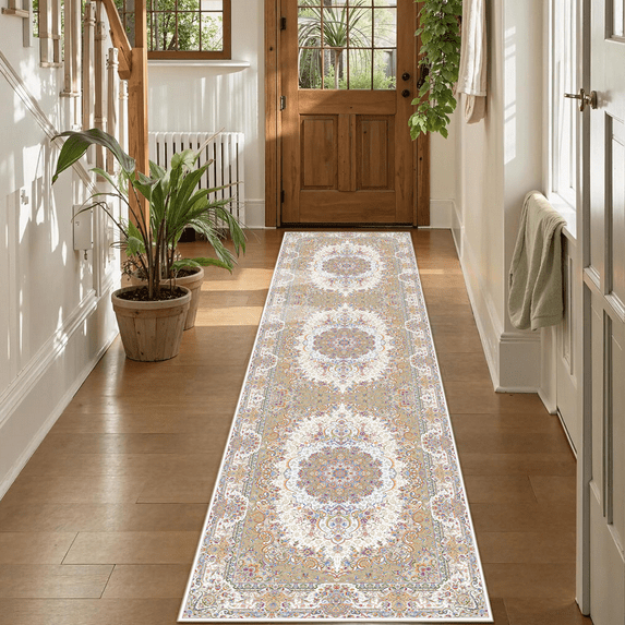 Runner Rugs for Hallway, 2x8 Washable Soft Non Slip Floor Rugs for Kitchen, Modern Mat for Living Room Bedroom Entryway Brown & White