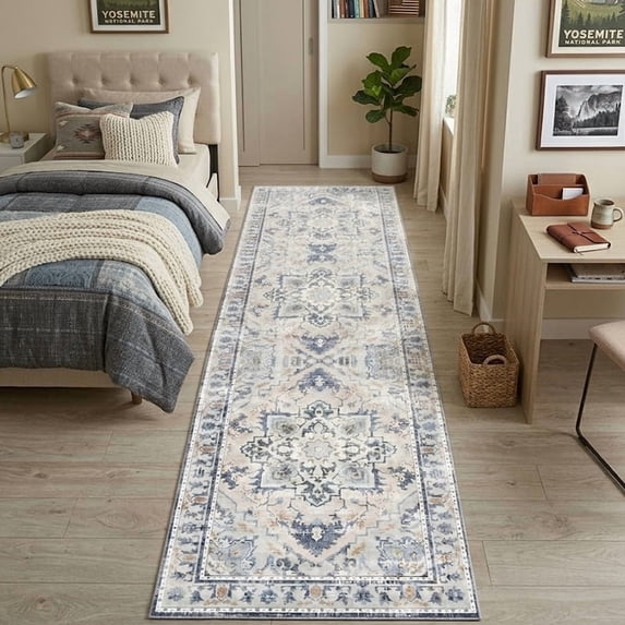 Washable Runner Rug 2X8 Ft Non Slip Cloud-Feel Softness Bohemian Distressed Grey & Navy Blue, MOURZAORS