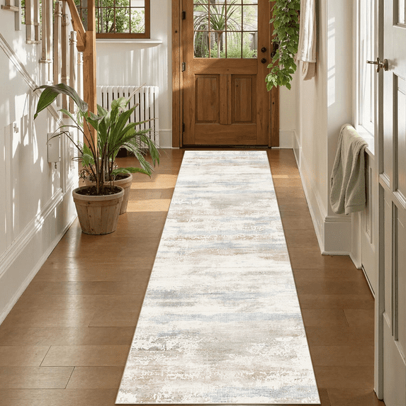 Runner Rugs for Hallway, 2x8 Washable Soft Non Slip Floor Rugs for Kitchen, Modern Mat for Living Room Bedroom Entryway Off-White & Blue