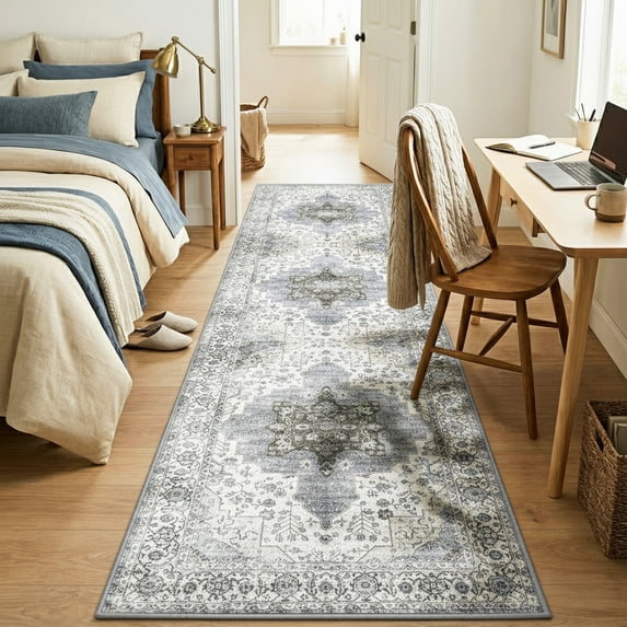 Runner Rugs for Hallway, 2x8 Washable Soft Non Slip Floor Rugs for Kitchen, Modern Mat for Living Room Bedroom Entryway White & Gray