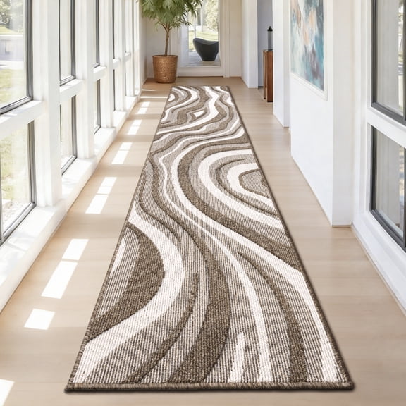 Runner Rugs for Hallway, Yamaziot 2'x10' Long Abstract Rug Carpet, Washable Non Slip Floor Mat for Kitchen Laundry Room Entryway, Modern Brown