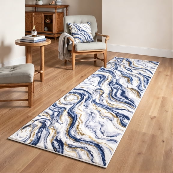 Runner Rugs for Hallway, Yamaziot 2'x6' Abstract Runner Rug, Washable Non Slip Blue Modern Bedroom Carpet Accent Rug Kitchen Runner Laundry Room Mat