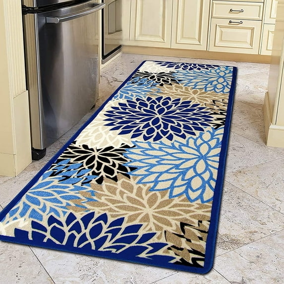 Runner Rugs for Hallway, Yamaziot 2'x6' Laundry Room Mat, Washable Non Slip Kitchen Rug, Floral Bathroom Floor Carpet Doormat, Blue