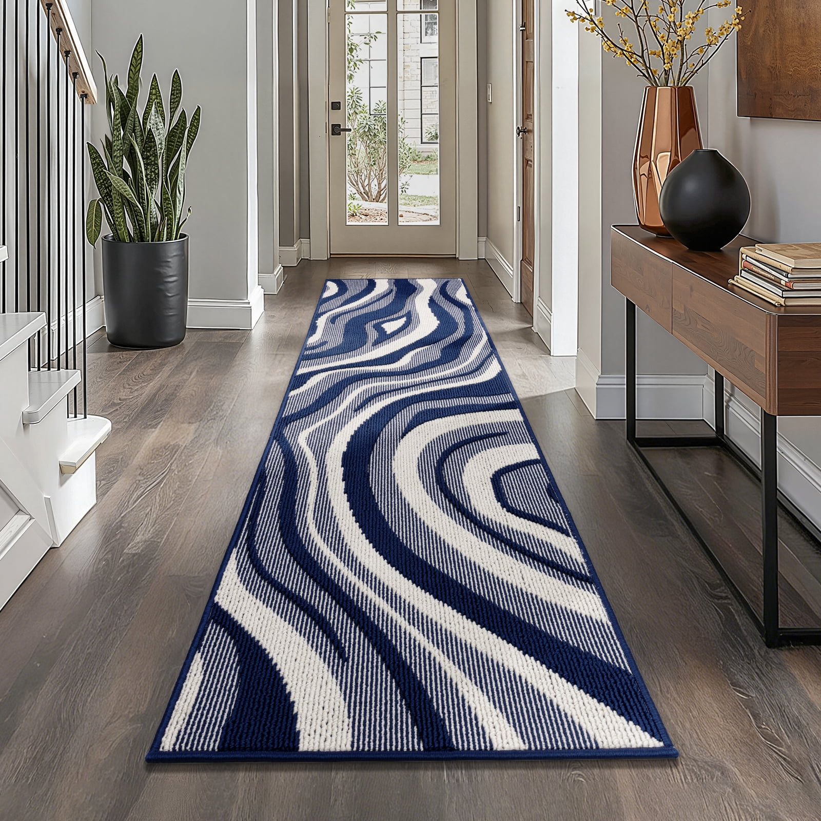Runner Rugs for Hallway, Yamaziot 2'x8' Abstract Rug Carpet, Washable Non Slip Floor Mat for Kitchen Laundry Room Entryway, Modern Blue