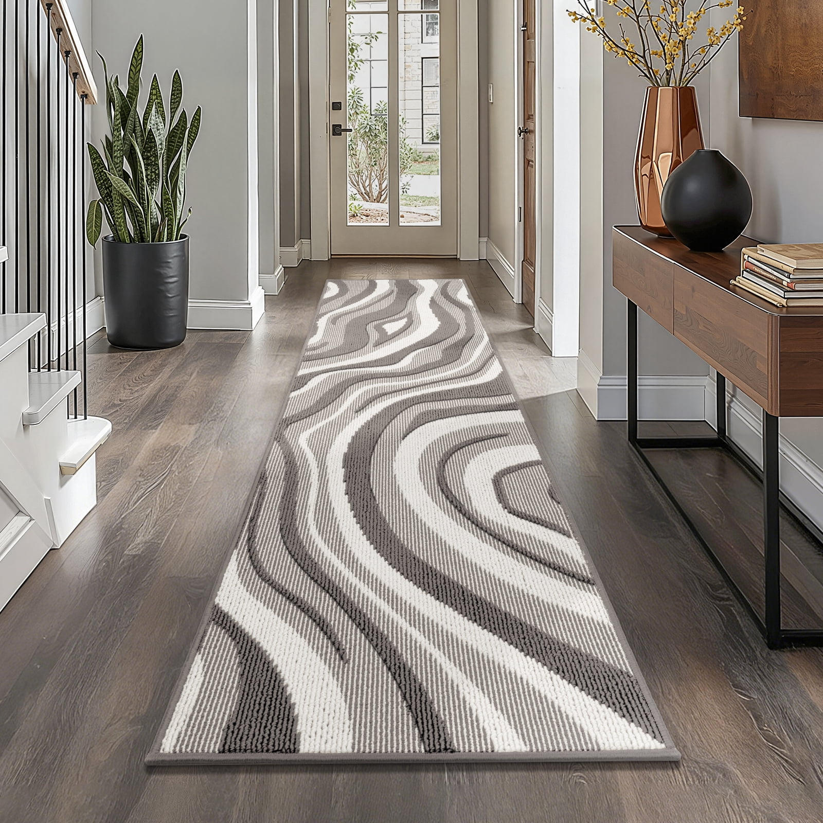 Runner Rugs for Hallway, Yamaziot 2'x8' Abstract Rug Carpet, Washable Non Slip Floor Mat for Kitchen Laundry Room Entryway, Modern Gray