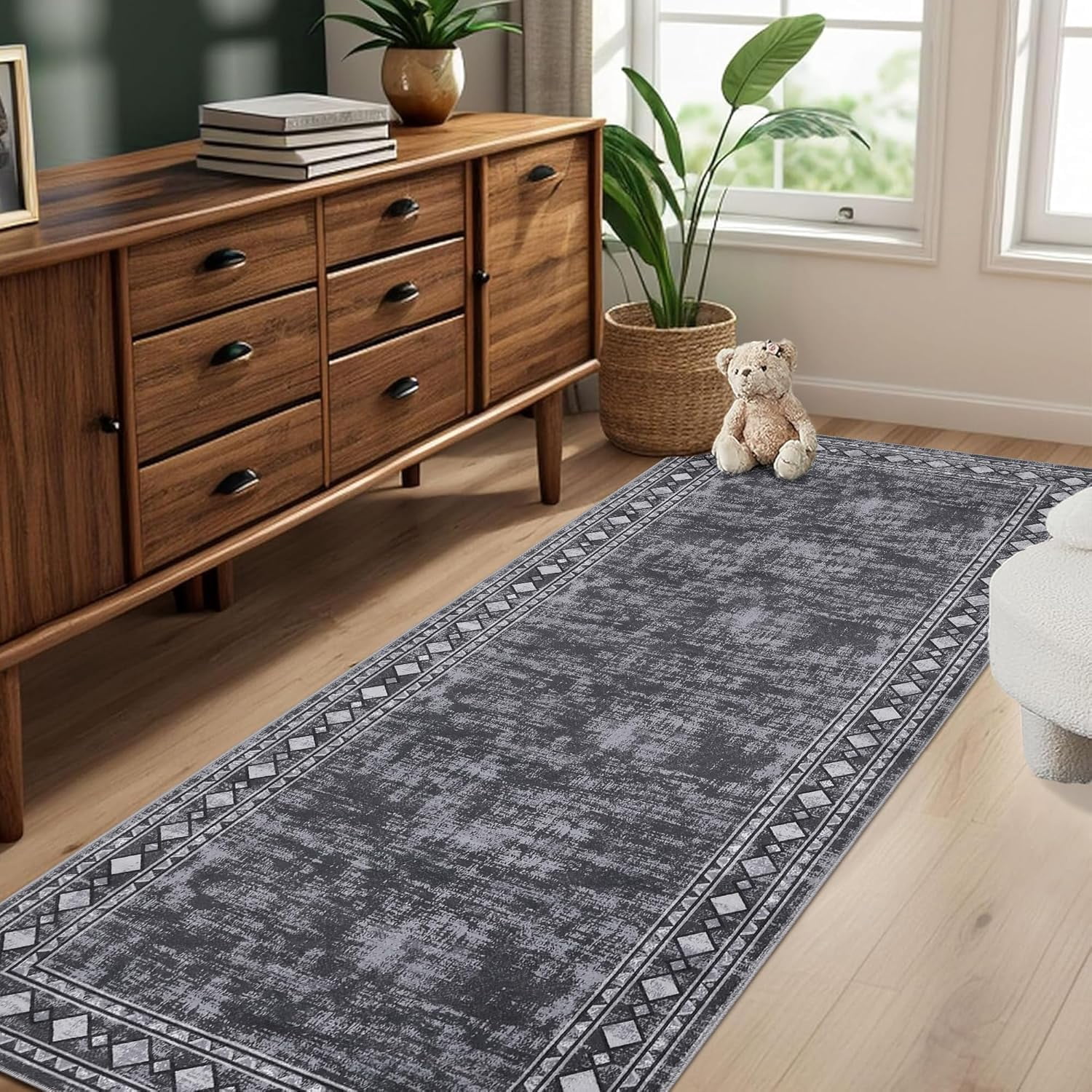 Runner for Hallway 2x6 Washable Kitchen Rug Non Slip Vintage Farmhouse Soft Grey Low Pile for Living Room Bedroom Decor Nursery