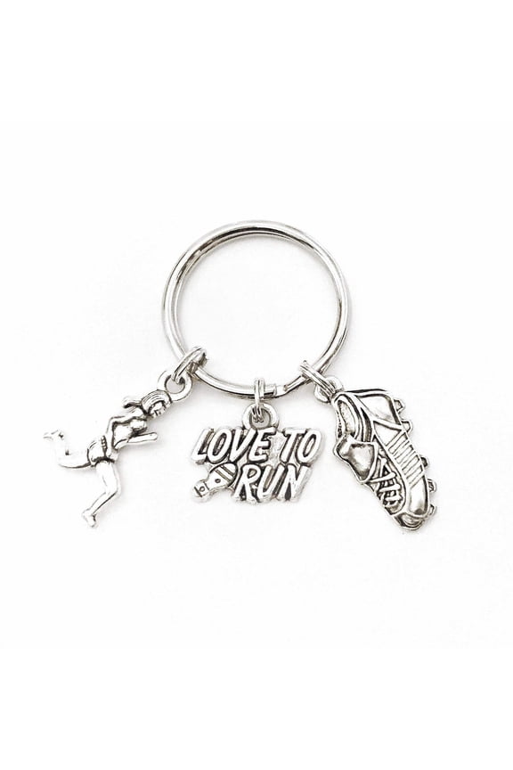 Runner themed keychain. Includes Running Figurine, Running Sneaker, and I Love to Run Charms. Athlete Runner gift.