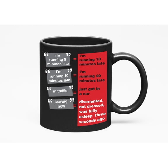 Running 5 Minutes Late Meme, Black 11oz Ceramic Mug