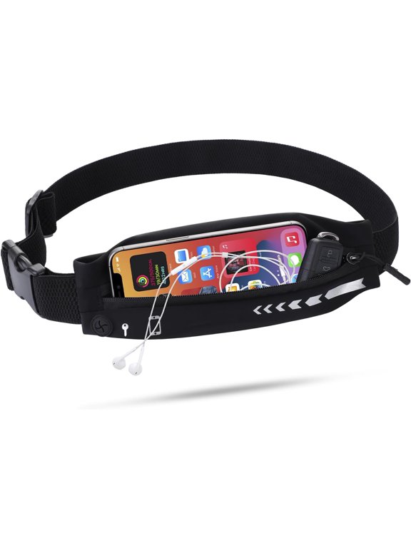 Running Belt Women Men, Bounce Free Fanny Pack Phone Holder | Stretch pocket fit all phones · Adjustable 24-42in band · Reflective trim · For cash keys travel · Gym marathon jog hike