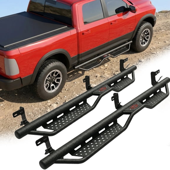 Running Boards Compatible with 2009-2018 Dodge Ram 1500, 2019-2024 1500 Classic, 2010-2026 Ram 2500 and 3500 Crew Cab, Heavy-Duty Steel Dual Stair Designs