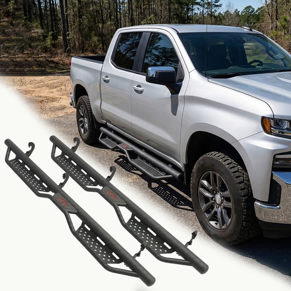 Running Boards Side Steps Compatible with 2007-2018 Chevy Silverado & GMC Sierra 1500 / 2007-2019 2500HD 3500HD / 2019 LD Limited  2-Step Drop Nerf Bars, 700 lbs Capacity, Crew Cab, Black Steel