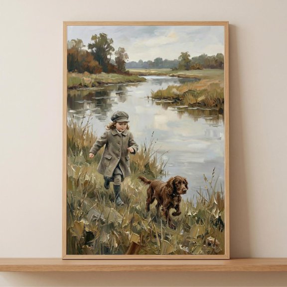 Running Brown Spaniel River Landscape Wall Decor Unframed Paper Print