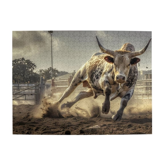 Running Bull Rodeo Arena Dirt 500-Piece Wooden Jigsaw Puzzle for Adults, Fun & Challenging Family Game, Stylish Wall Decor & Holiday Gift