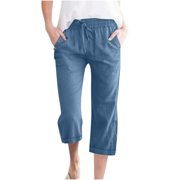 Running Capris with Pockets New Capris Pants for Women Cotton Linen Casual Summer 2025 Straight Wide Leg Loose Drawstring Elastic Waist Cropped Trouser Blue 4XL