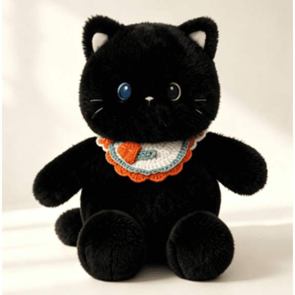 Running Cat Plush Black Stuffed Animal, 15.7" Fluffy Black Kitten Plushie with White Inner Ear & Crochet Fish Bib, Huggable Toy, Bedroom Decor Birthday Gift for Cat Lovers