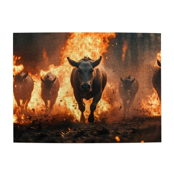 Running Cattle Fire Intense 500-Piece Wooden Jigsaw Puzzle for Adults, Fun & Challenging Family Brain-Teaser, Perfect Home Decor & Gift