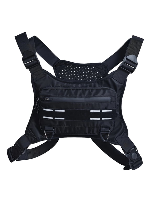 Running Chest Pack for Men, Outdoor Sports Chest Bag with Adjustable Straps, Breathable Back, Reflective Strips, Small Double-zipper Pocket, Ideal for Marathon, Cycling, Hiking, Black