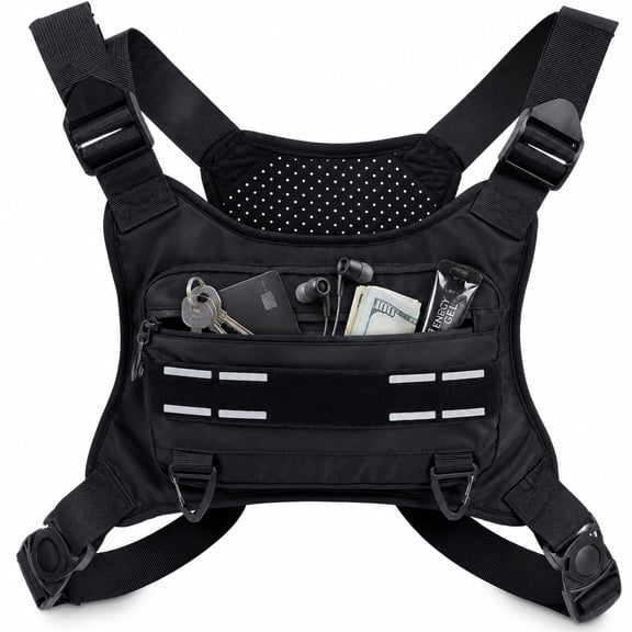 Running Chest Pack for Men Women, Lightweight Chest Bag with Phone Holder, Breathable Reflective Running Vest for Marathon Cycling Hiking, Black