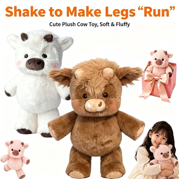 Running Cow Plush, Farm Highland Stuffed Animal with Moving Legs _ D