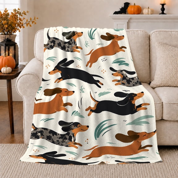 Running Dachshunds with Grass Shapes, Playful Modern Style for Dachshund Lovers, Colorful Dog Park Pattern and Birthday Gift, Soft Flannel Blanket for Playroom and Bedroom, Home Decor