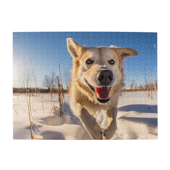 Running Dog Winter Snow Blue Sky 500-Piece Wooden Jigsaw Puzzle for Adults, Fun & Challenging Family Brain-Teaser, Perfect Home Decor & Gift