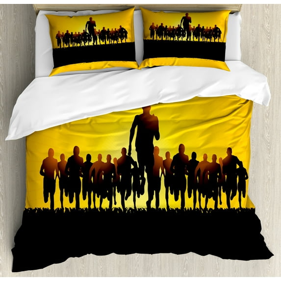Running Duvet Cover Set, Marathon Runners on a Sunburst Effect Background, Decorative 3 Piece Bedding Set with 2 Pillow Shams, King Size, Earth Yellow Grey, by Ambesonne