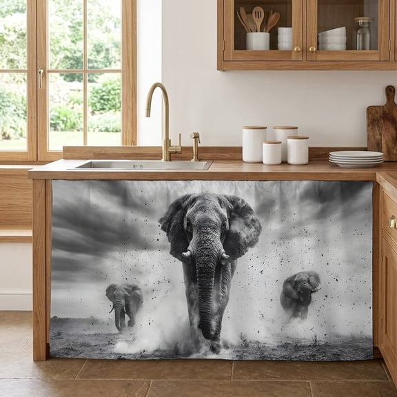 Running Elephant Cabinet Curtains for Kitchen 32"W x 55"L, Animal Cool Pantry Curtain Skirt Magic Tape Short Curtains Decor Privacy Panel for Utility Closet Bathroom