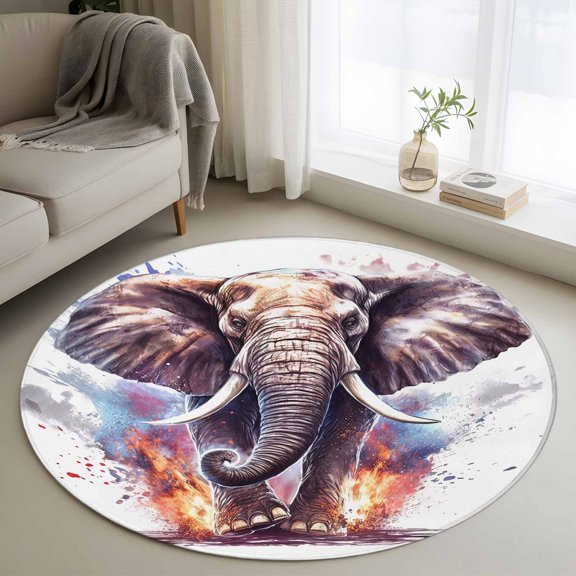 Running Elephant Round Rugs for Living Room 4ft Non Slip Circle Rug Washable Low-Profile Indoor Carpet for Bedroom, Dining Room, Bathroom