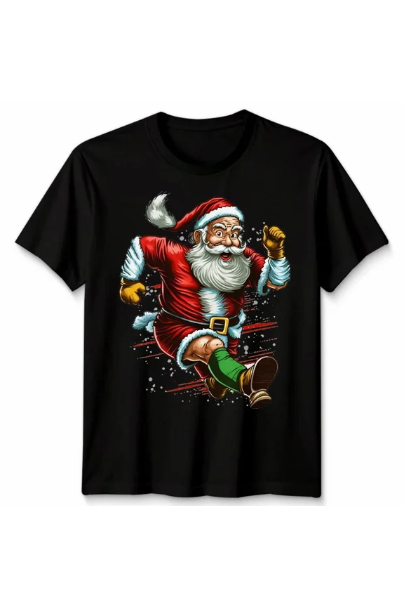 Running Father Christmas Claus Funny Ugly Christmas Party Unisex T-Shirt, for men & women, up to size 5XL