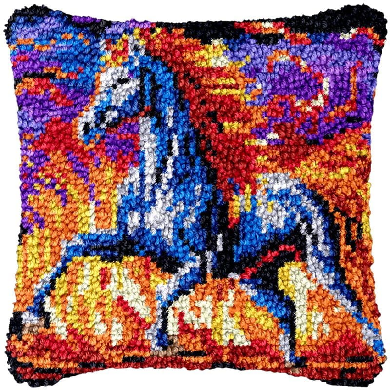 Running Fire Horse Latch Hook Pillowcase Kits for Adults and Starter DIY Cushion Cross Stitch Latch Hook Rug Kits with Preprinted Canvas Crochet Yarn Kits Needlework Crafts 17'' X 17''