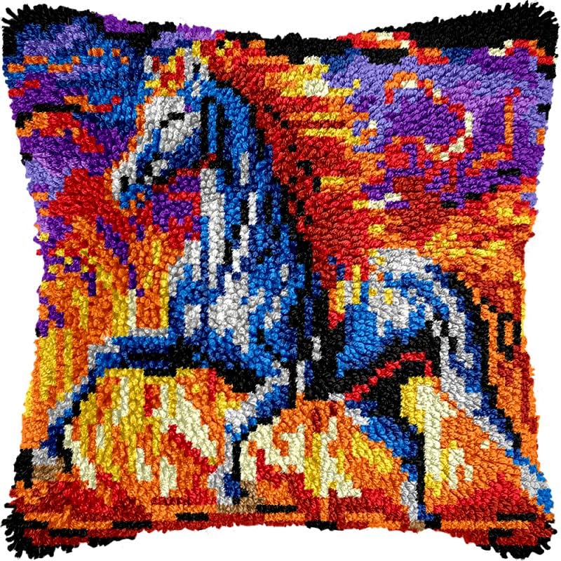 Running Fire Horse Latch Hook Pillows Kits Cushion Pillow Cover with Pattern Printed Canvas Sofa Hooking Pillowcase Crafts Embroidery Latch Hooking Crochet Kits Set 17x17 inch(1)