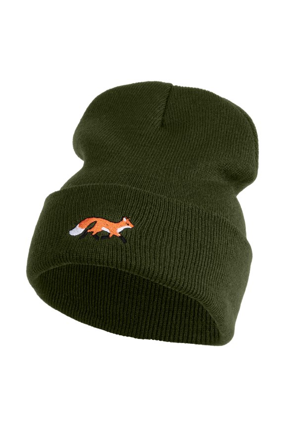 Running Fox Embroidered 12 Inch Solid Long Beanie Made in USA - Olive OSFM