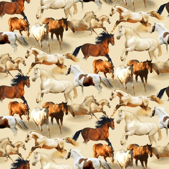 Cotton Running Free Reign Horses Allover Manes Mustangs Wild Mares Springs Creative Cotton Fabric Print by the Yard (1679-9348)