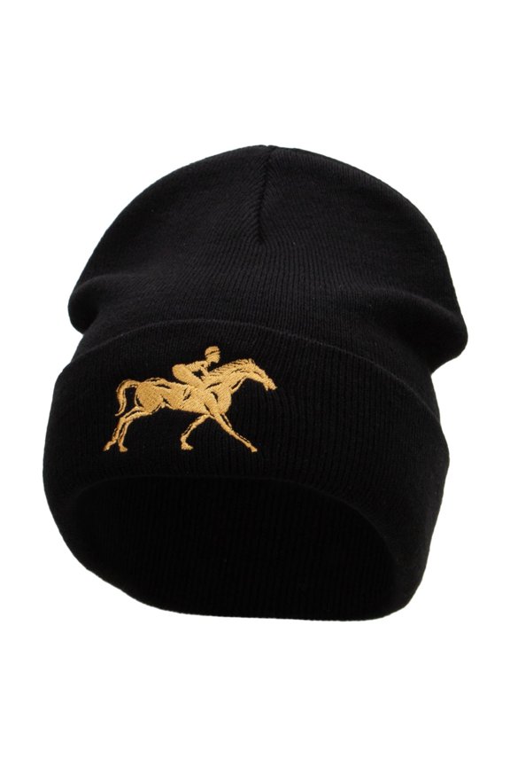Running Horse Embroidered 12 Inch Long Knitted Beanie - Black OSFM