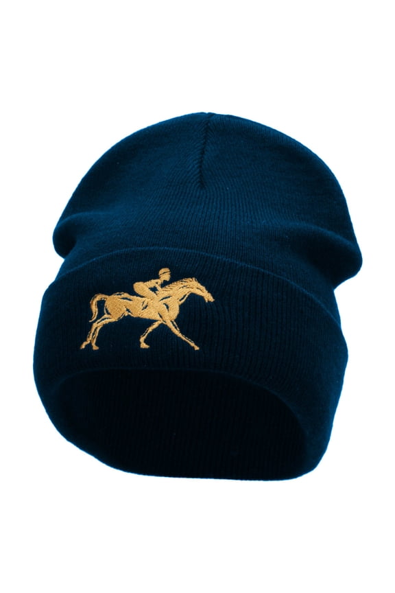 Running Horse Embroidered 12 Inch Long Knitted Beanie - Navy OSFM