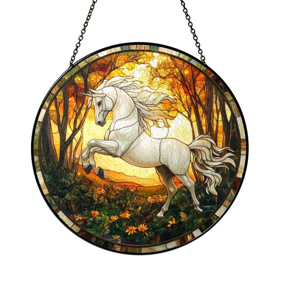 Running Horse Forest Stained Glass Suncatcher – Equestrian Window Decor