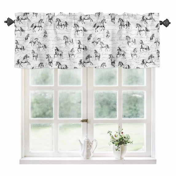 Running Horse Kitchen Valances for Windows 60x18 Inch Kitchen Curtains Valances Rod Pocket Retro Black Minimalist Animal Sketch Bathroom Window Valances for Window Treatment Decor