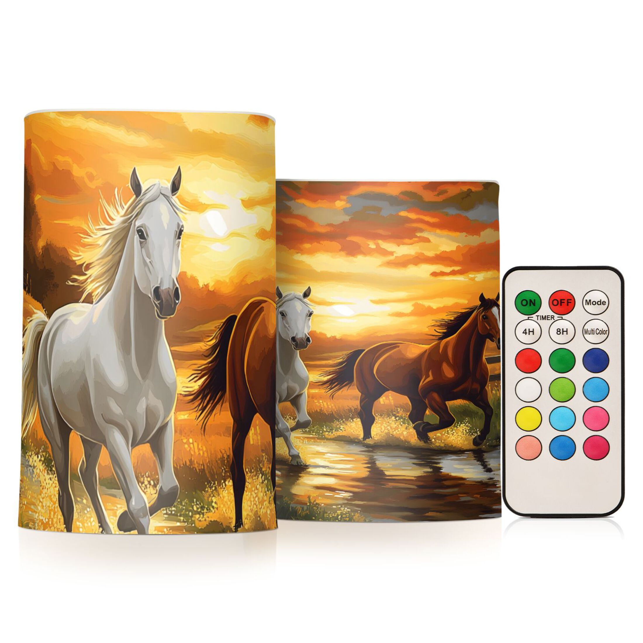 Running Horse Sunset Flickering Flameless Candles Battery Operated with Remote Timer LED Pillar Candles Set of 2