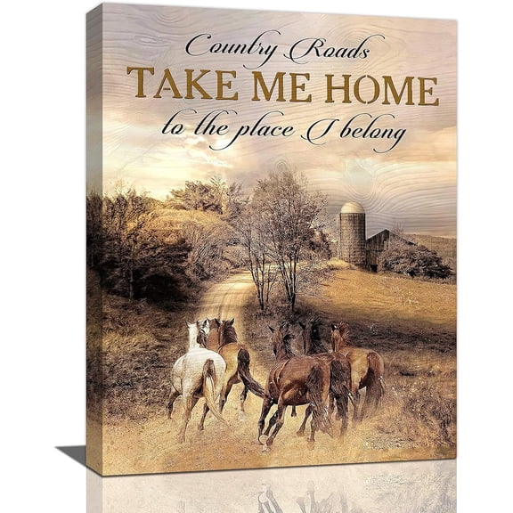 Running Horse Wall Art Farmhouse Horse Pictures Wall Decor Rustic Canvas Prints Country Scenery Painting Country Roads Take Me Home Artwork Home Decoration for Kitchen Living Room Bathroom 12"x16"