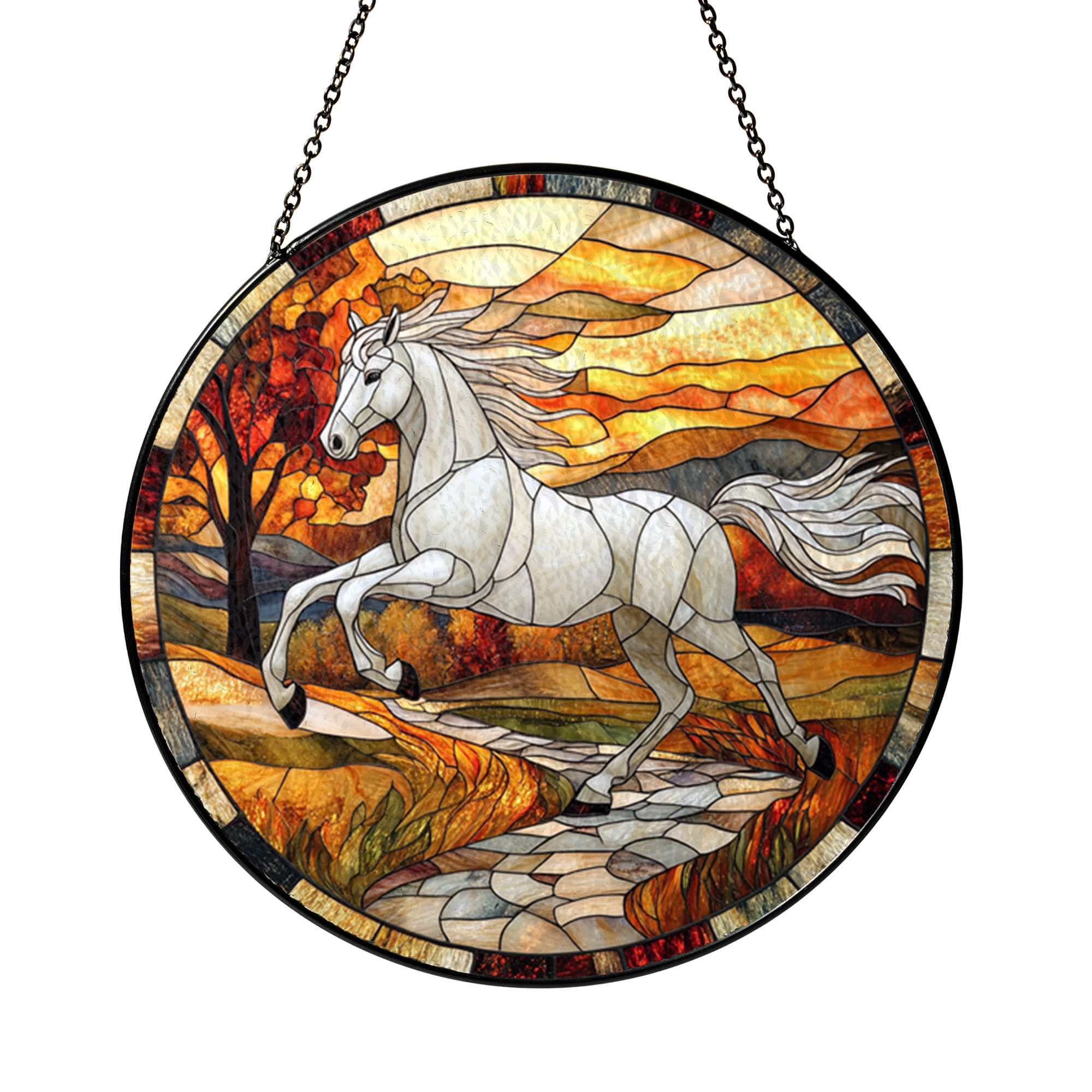 Running Horse Window Hanging, Faux Stained Glass Forest Design for Horse Lovers and Home Accents