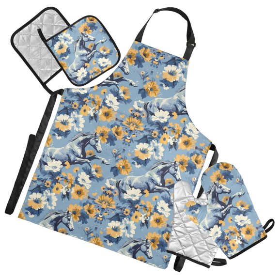 Running Horse and Flower 5 Pcs Kitchen Set Heat Resistant Oven Mitts and Non-Slip Pot Holders with Adjustable Cooking Apron