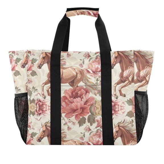 Running Horse and Rose Reusable Grocery Bags with Handle Side Pocket Waterproof Shopping Portable Tote