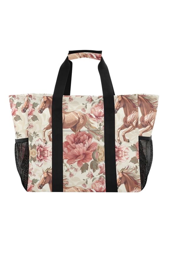 Running Horse and Rose Reusable Grocery Bags with Handle Side Pocket Waterproof Shopping Portable Tote