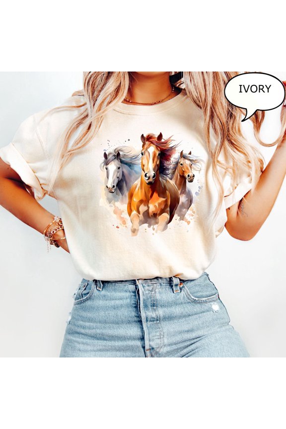 Running Horses Graphic T-Shirt, Western Horse Watercolor Tee, Wild Mustang Animal Shirt, Vintage Equestrian Art Design Top, Horse Lover Gift Idea, Comfort Colors Unisex Cotton T-shirt, Size S-3XL