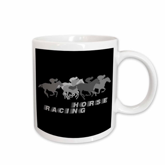 3drose, Running Horses, Jockeys. Text Horse Racing. Grey on Black Background, 15oz Mug