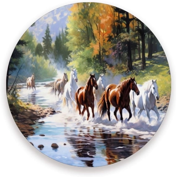 Running Horses Painting Coaster, Drinks Round Absorbent Stone Set with Ceramic Stone and Cork Base, Tabletop Protection Mats and Cups Place for 2PCS Home Decor