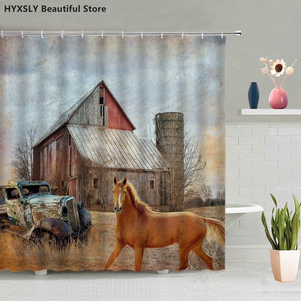 Running Horses Shower Curtain 4pcs Set Polyester Shower Curtain and