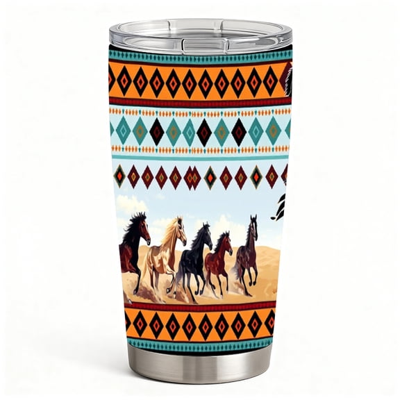 Running Horses Stainless Steel Insulated Tumbler with Lid, Southwestern Tribal Western Design Cup